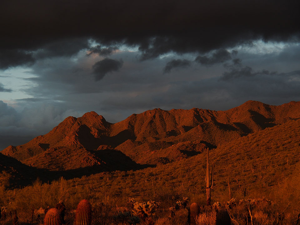 Sunlit desert mountains glow red underneath stormy skies. Photo by Norah Schwimmer.