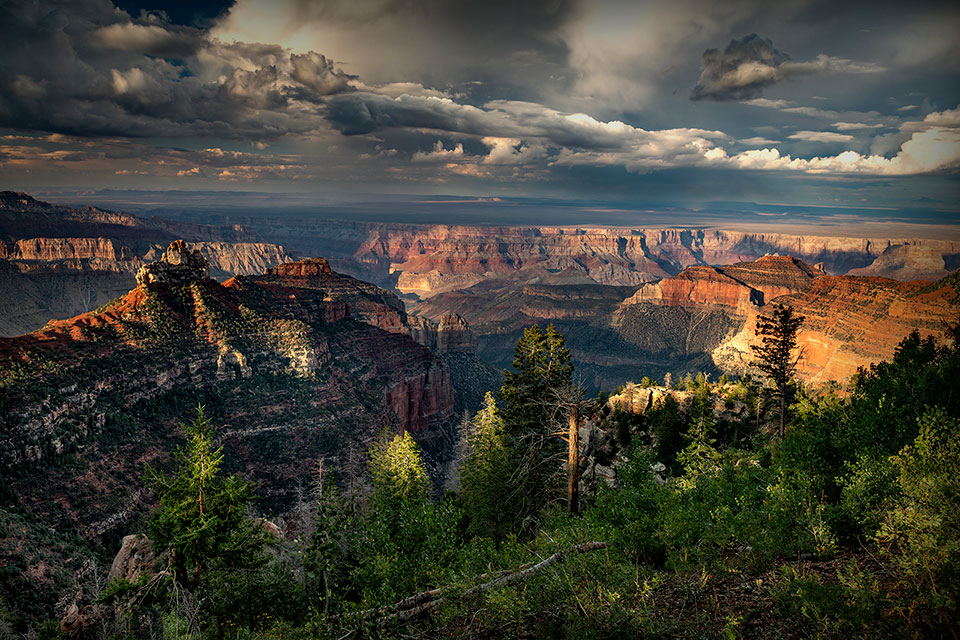 A late afternoon view of the Grand Canyon looking toward Vermillion Cliffs from Vista Encantada. Photograph by Glenn Tamblingson.