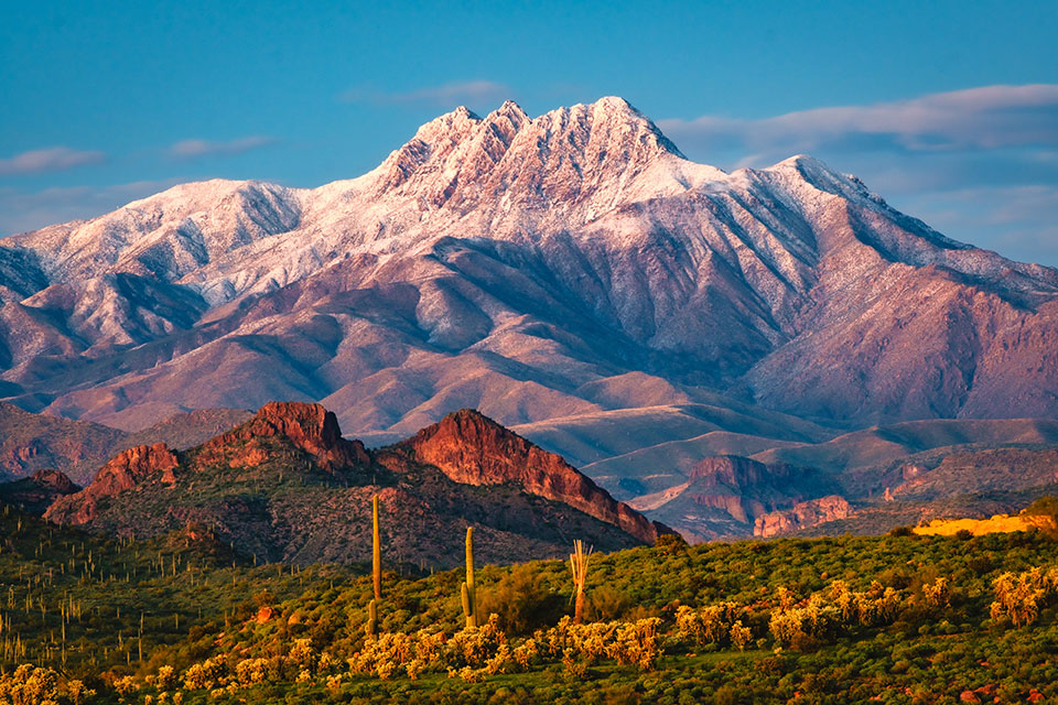 Snow-dusted Four Peaks from Lost Dutchman State Park. Photograph by Randy Reinhart.