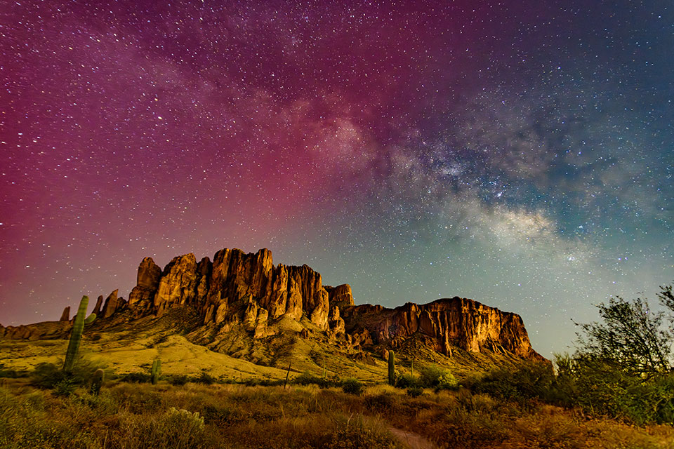 At around 1 a.m., Sue Wright captured the Milky Way rising over the Superstition Mountains, east of Phoenix, amid the aurora’s pink and purple hues. “What a special night,” she wrote on Instagram. “This is a once-in-a-lifetime type of event.”  Sue Wright