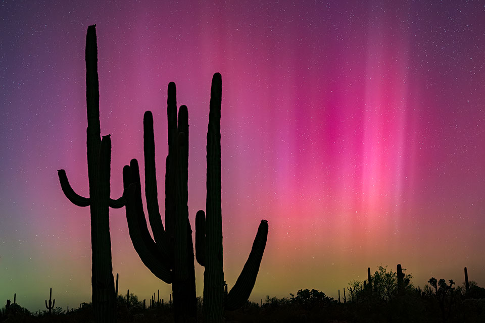 Jack Dykinga has experience photographing the northern lights in areas where they more commonly occur, so he knew where and when to shoot on the night of May 10. He made this photo, along with our front cover image, around midnight on Bureau of Land Management land northwest of Tucson.