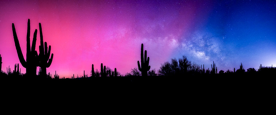 In another of Parker’s photos from the San Manuel area, this one made around 2:30 a.m., saguaros and other desert plants anchor an expansive view of the aurora. Parker wrote on Instagram that he and his workshop group watched the show from 8 p.m. to 3 a.m.  Sean Parker