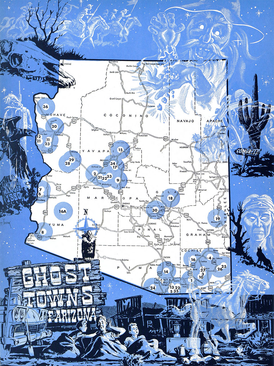 Arizona Highways published an extensive piece on Arizona ghost towns in August 1960. This wonderful map is by Larry Toschik, who was a longtime illustrator for us. 