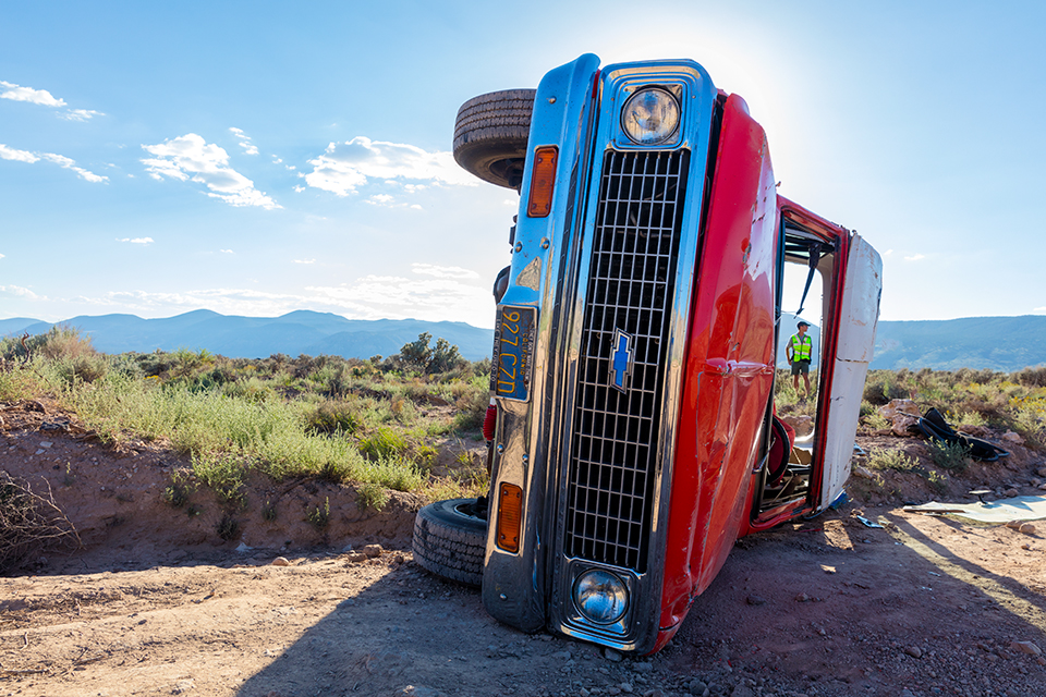 Tom Gamache’s  1972 Chevy Blazer lies on its driver’s side after a mishap on the way to Toroweap. By John Burcham