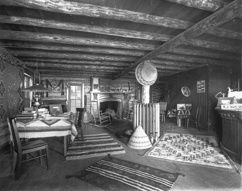 The hotel’s ponderosa pine construction and rustic décor are visible in this circa-1905 photo of the lobby. | NATIONAL PARK SERVICE