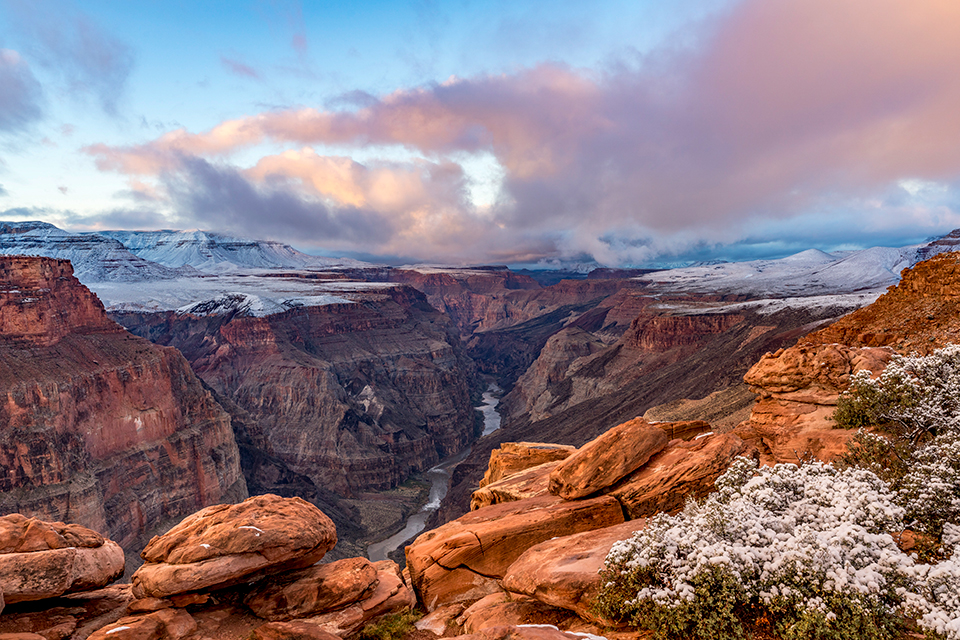 A dusting of snow covers the upper reaches of the Grand Canyon in a view from Toroweap Overlook, accessible via a long, rough dirt road on the North Rim. Downstream from Toroweap is Lava Falls Rapid, one of the Colorado River’s most famous and forebidding rapids.