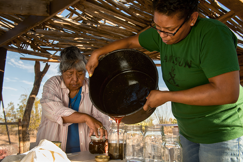 Stella Tucker and her daughter, Tanisha, pour syrup from saguaro fruit into jars at their Saguaro National Park campsite. The Tuckers visit the same area every year for the harvest. By Bill Hatcher