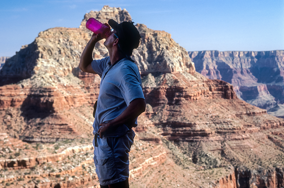 Myers’ exploits in the Canyon have included pausing for an off-trail drink in front of Vishnu Temple. | Elias Butler