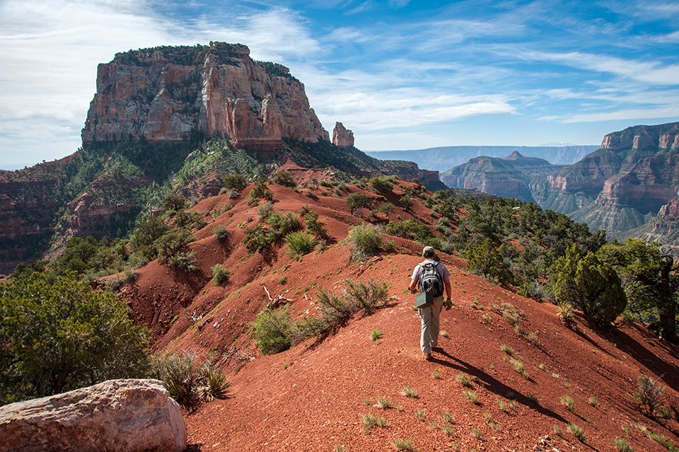 Myers approaches Siegfried Pyre en route to Butchart Butte. He and photographer Elias Butler retraced many of Butchart’s routes in the Canyon while researching a biography of the prolific hiker. By Elias Butler