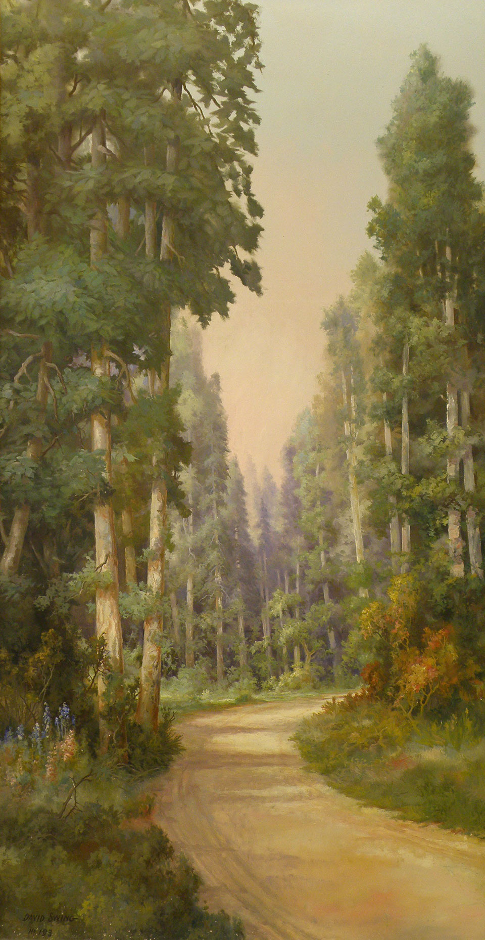 CORONADO TRAIL illustrates a dirt road going through a pondersoa pine forest. | Painting by David Swing