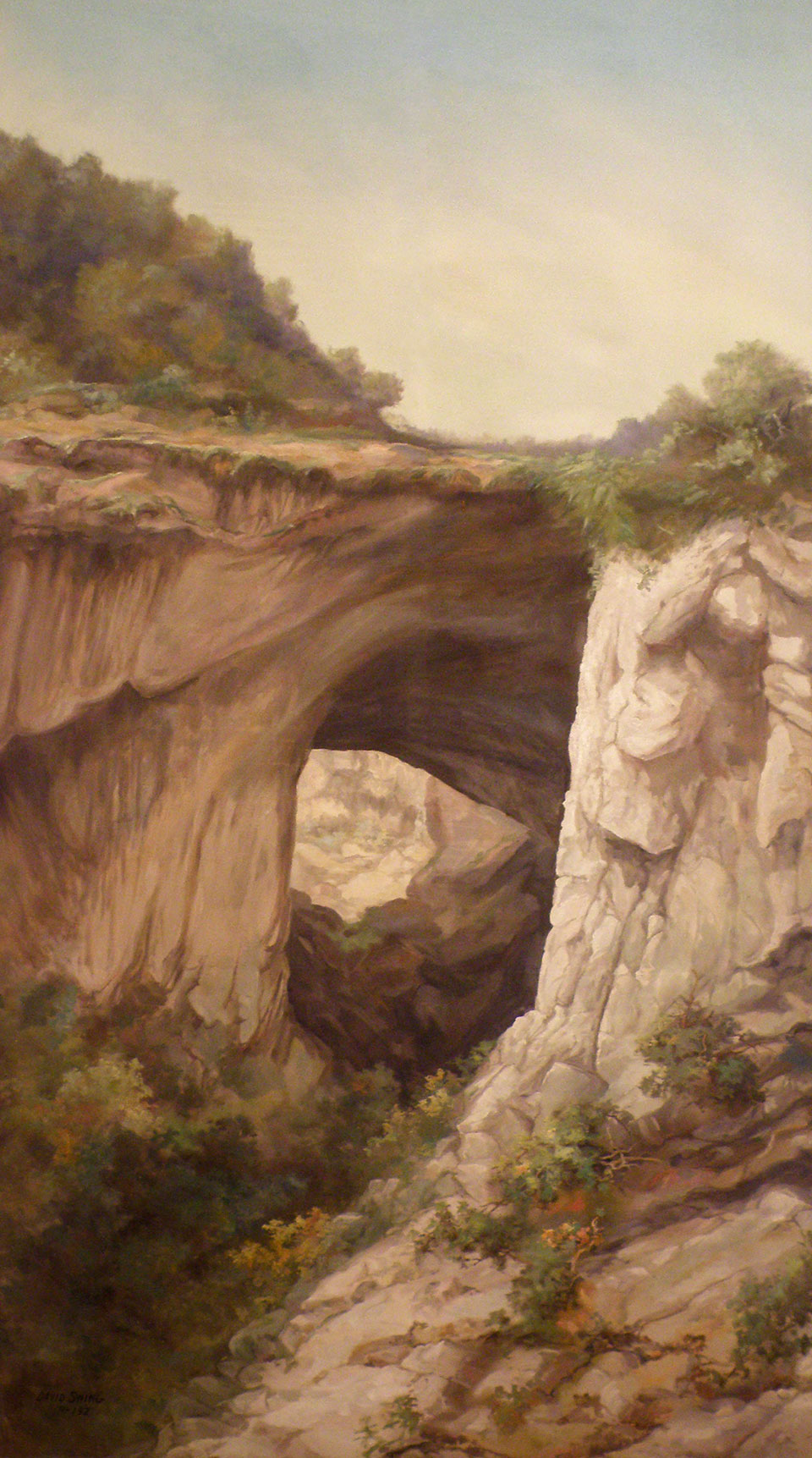 THE NATURAL BRIDGE depicts the Tonto Natural Bridge with sparse vegetation on top. Painting by David Swing