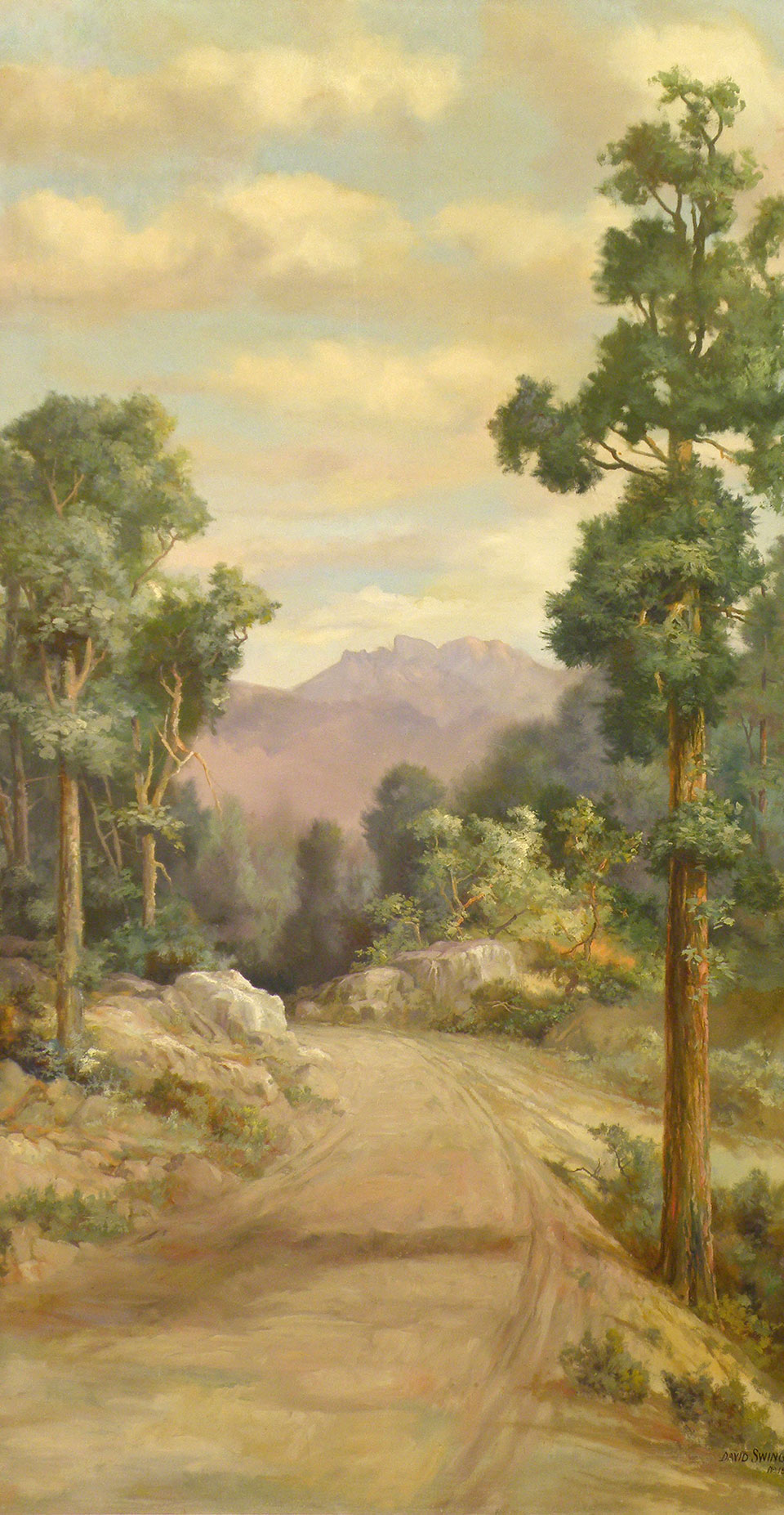 Cochise Head is distant in a painting titled for the famous land formation, with a dirt road and mature vegetation foreground.