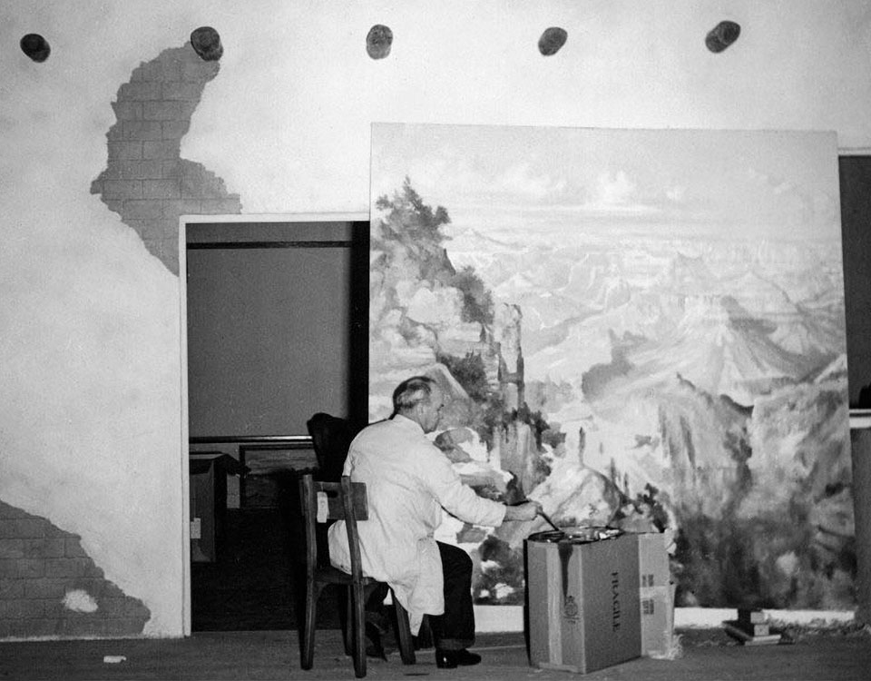 David Swing paints a panel of the Grand Canyon for the Golden Gate International Exposition, held in San Francisco, in 1939. The painting was part of the Arizona exhibit in the expo’s Hall of Western States. | Stephen C. Shadegg Papers, Greater Arizona Collection, Arizona State University Library