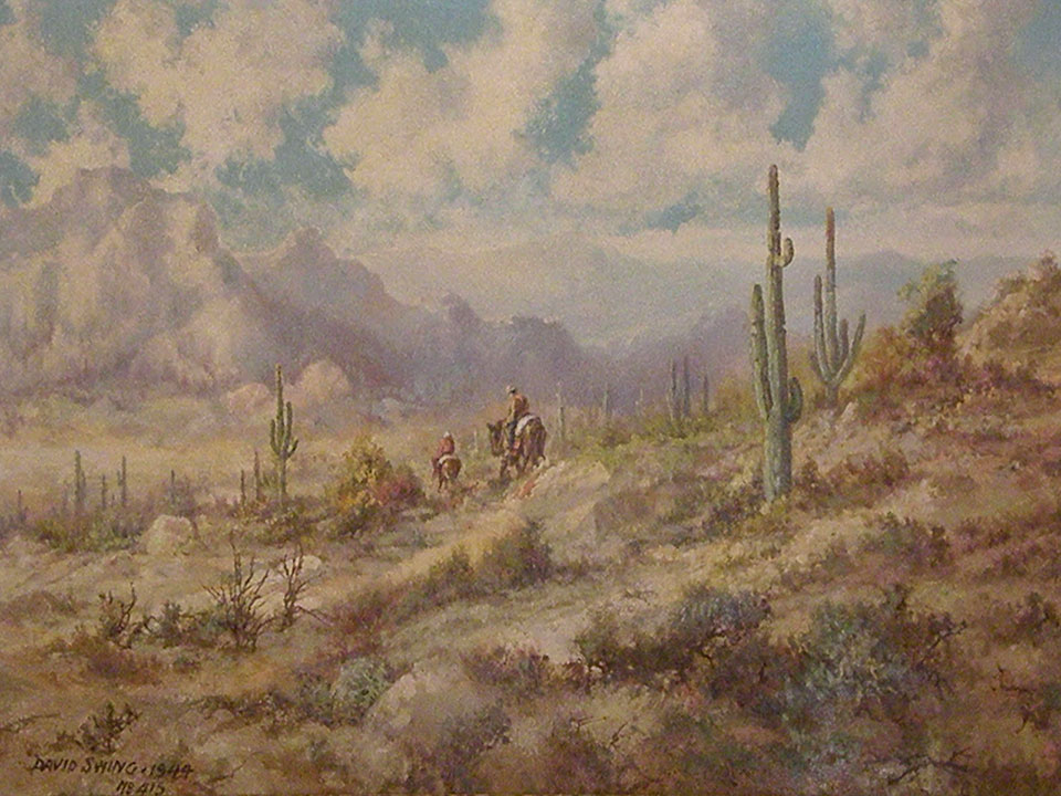 ROUGH GOING is a painting by David Swing that illustrates two men on horseback making their way through desert terrain filled with various cactus species.