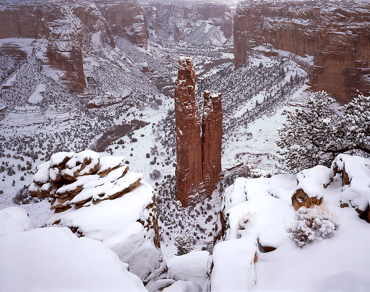 Heavy snow covers the summit of Spider Rock and the surrounding landscape of the Navajo Nation’s Canyon de Chelly National Monument. By Claire Curran