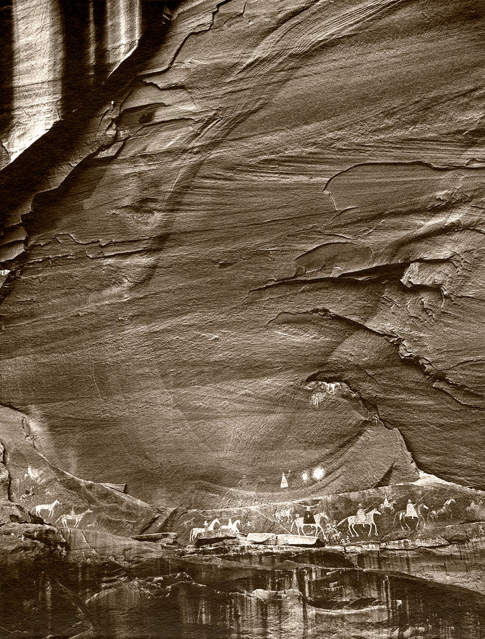 Jacka visited the Navajo Nation’s Canyon de Chelly on an Arizona Highways assignment. While there, he photographed Canyon del Muerto pictographs depicting the arrival of a Spanish cavalry expedition that killed more than 100 Navajos in Massacre Cave. “This is something that you need to reflect on,” he said. “I chose to not just show the pictograph, but to put it in the perspective of the canyon walls.”