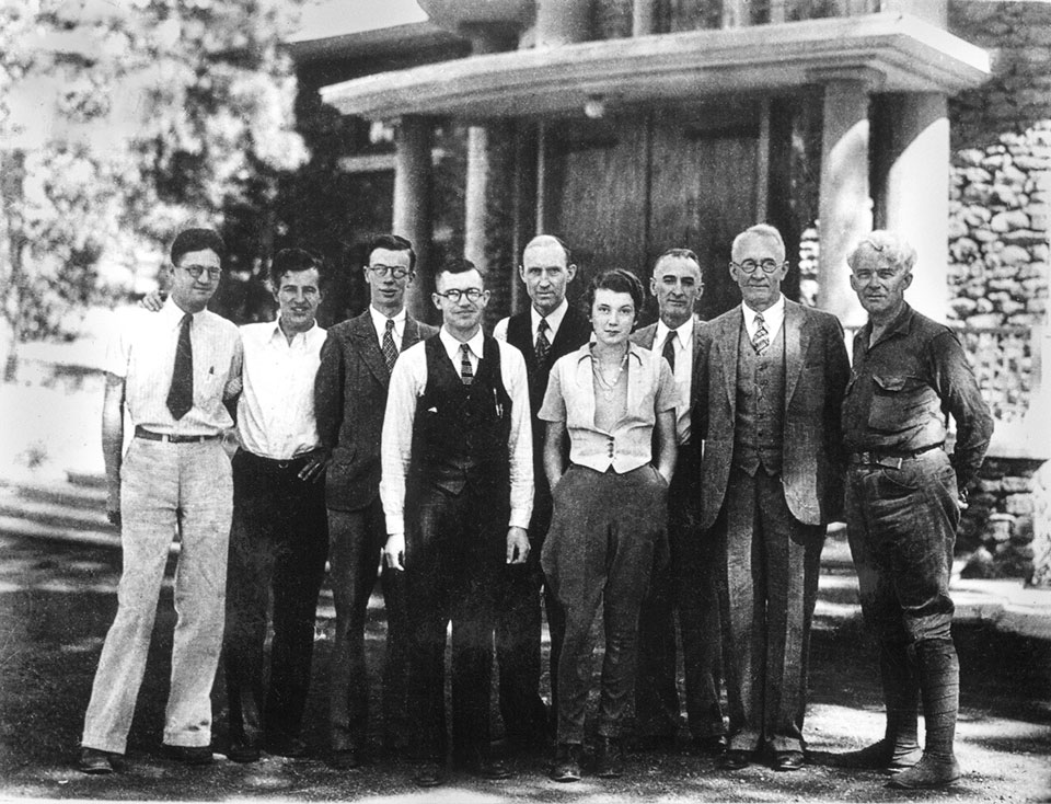 Tombaugh (fourth from left) appears in a group photo in front of Lowell Observatory’s rotunda in July 1932. Also in this photo is facility director V.M. Slipher (second from right). | Lowell Observatory