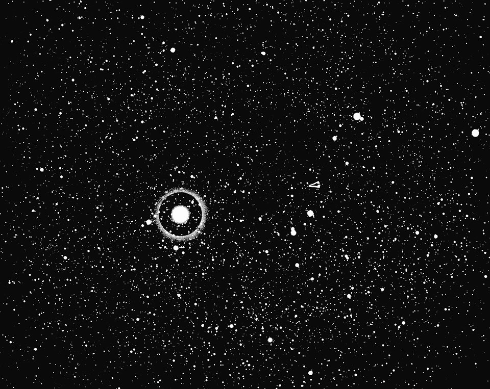 An enlarged portion of a photographic plate shows the celestial body Tombaugh identified as the solar system’s ninth planet. | New Mexico State University