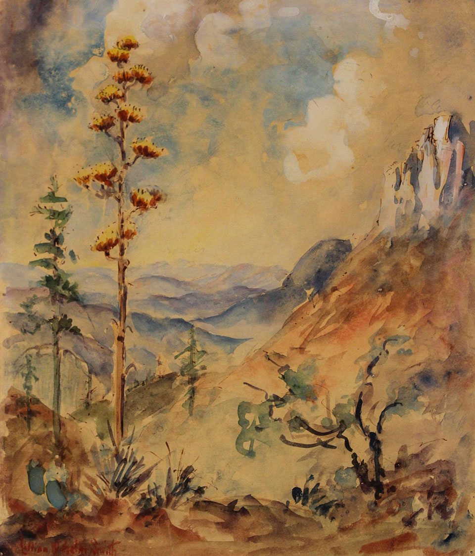 This Wilhelm Smith painting, titled The Rim of the Tonto, shows a mountain scene punctuated by agaves and other desert plants. | COURTESY OF WESTERN SPIRIT: SCOTTSDALE’S  MUSEUM OF THE WEST