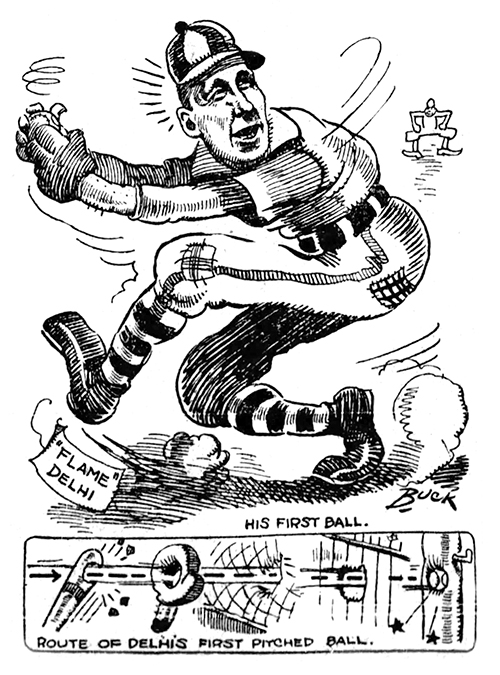 Anticipation was high before Delhi arrived in the majors.  This cartoon of the hard-throwing right-hander was printed in the  Los Angeles Times in 1911, the year before his White Sox appearance. | Newspapers.com