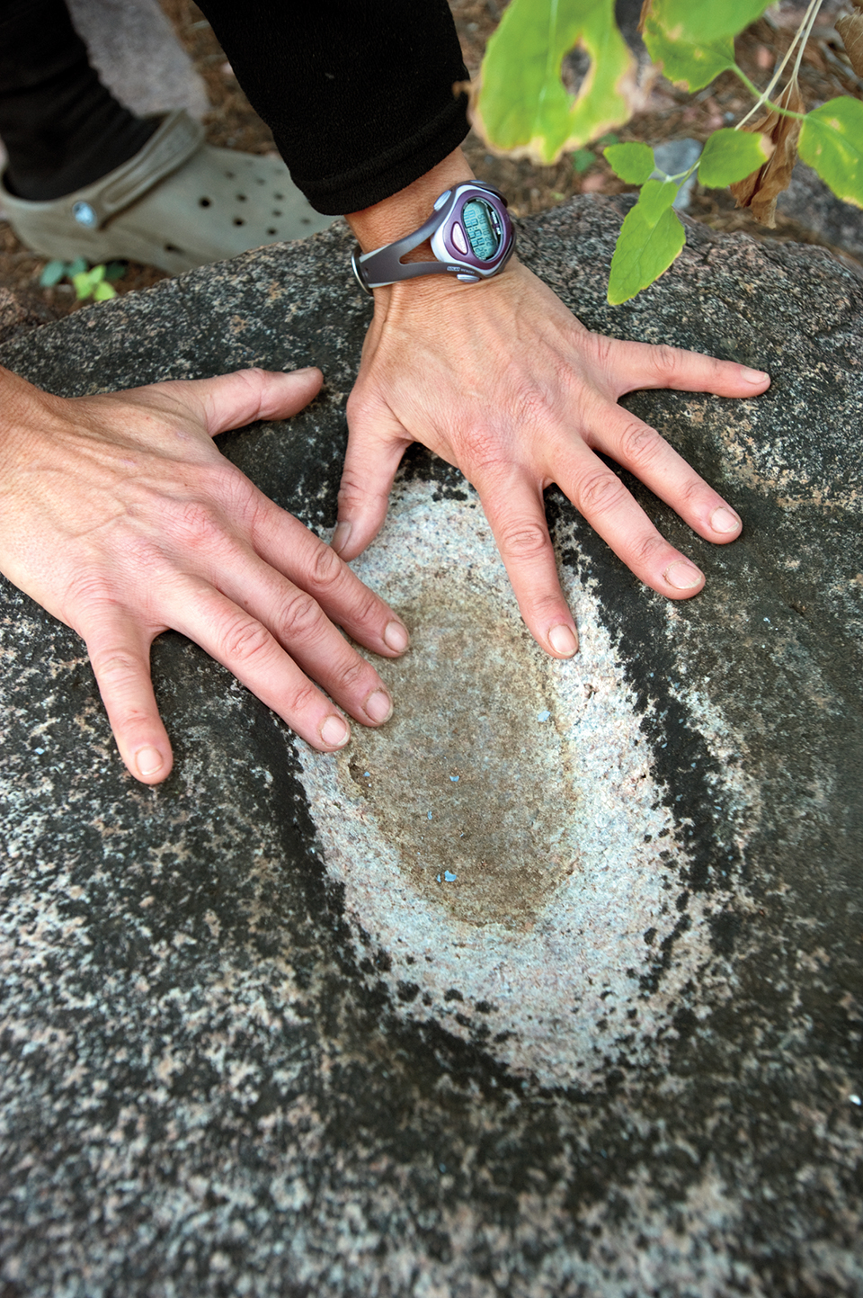 Karen Pugliesi examines an ancient metate set within a boulder near Tonto Creek. By Elias Butler