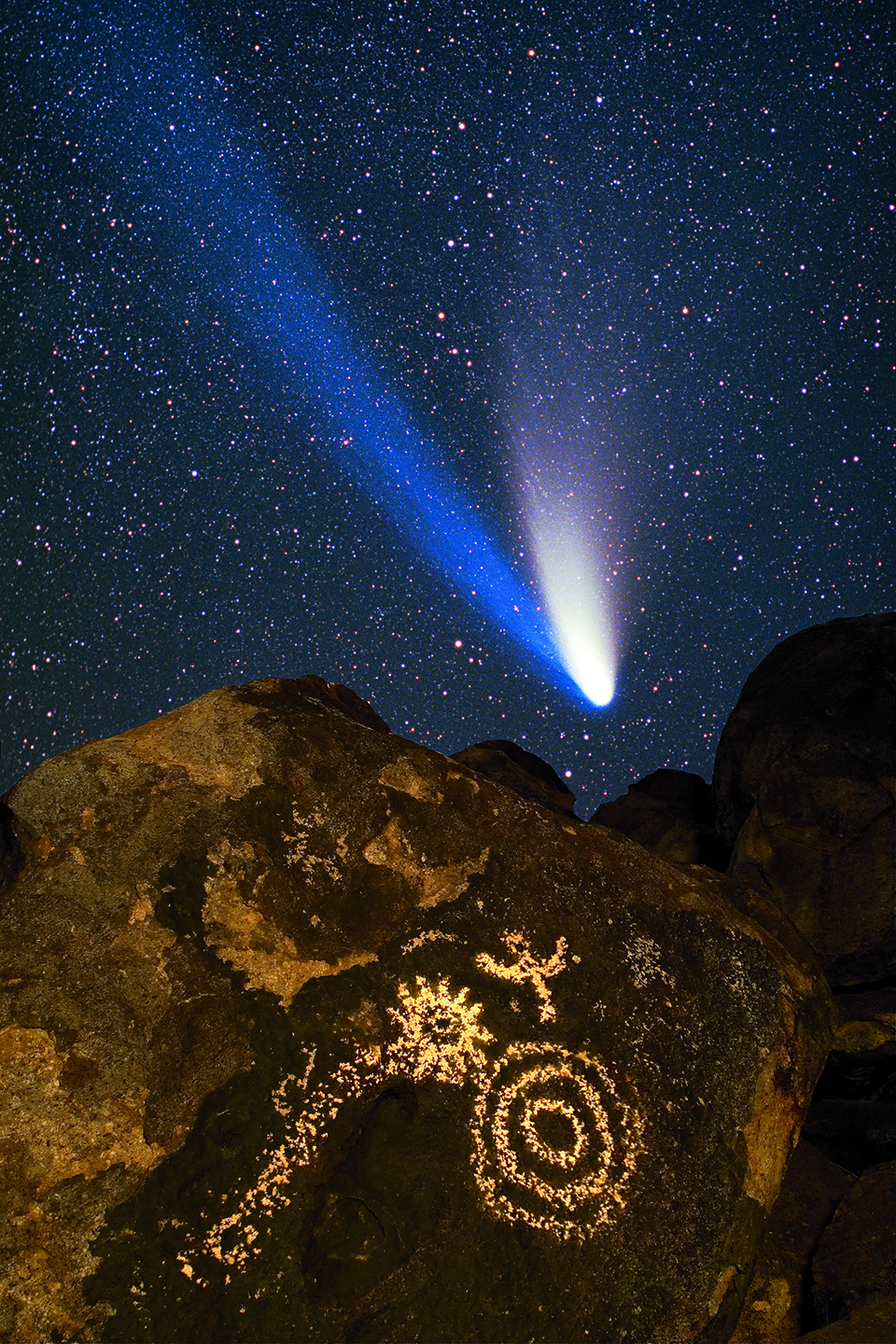 This composite image combines Comet Hale-Bopp, as photographed on April 6, 1997, and Hohokam petroglyphs depicting the passage of a great comet.