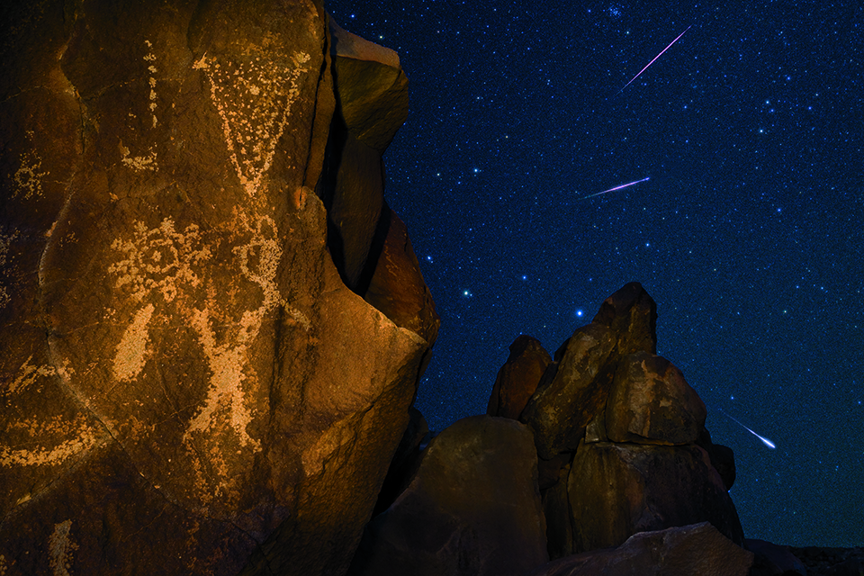 This panel, found at Sears Point along the lower Gila River and believed to represent a meteor shower, is combined with a sky scene from the 2001 Leonid meteor shower. A prior Leonid storm might have precipitated the creation of the Sears Point petroglyphs.