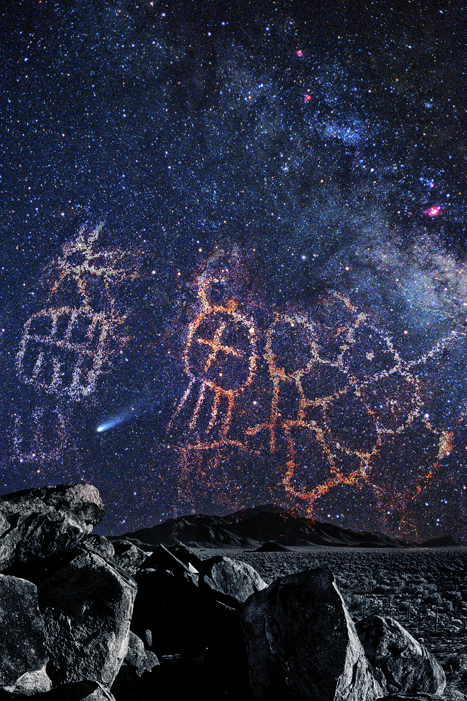 Halley’s Comet appears in the predawn sky of March 21, 1986. Superimposed onto the celestial scene are petroglyphs from a Hohokam rock art panel in Southern Arizona, which includes a possible comet symbol (center). By Frank Zullo