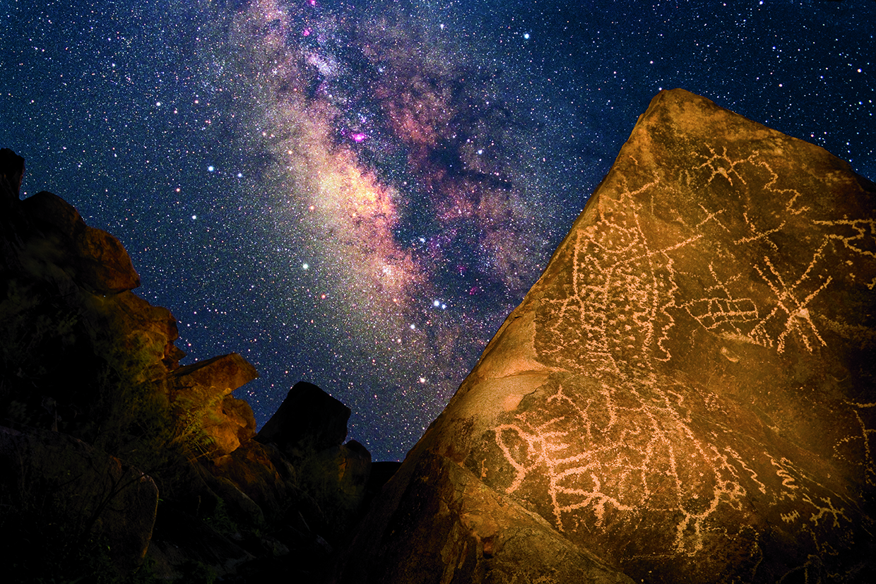 In this composite image, Hohokam rock art is illuminated against a Milky Way backdrop in Southern Arizona’s Picacho Mountains. The long swath of dots may symbolize the universe, along with other sky objects and serpents, which are thought to represent prayers being carried to the gods. By Frank Zullo