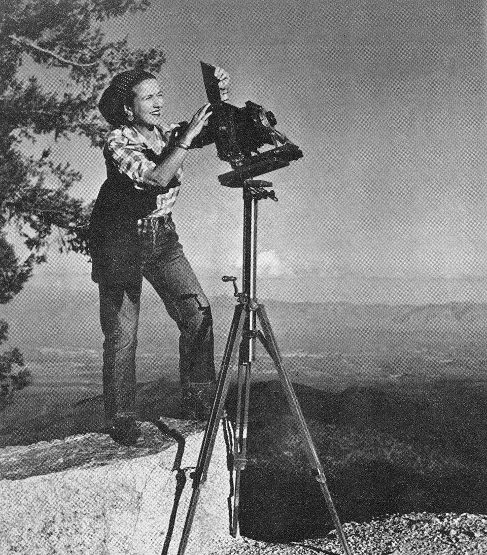 BW Photo of Esther Henderson with a 4x5 camera on the Mogollon Rim. By PHILIPPE HALSMAN  