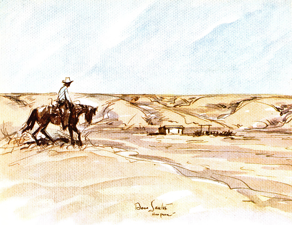 While Santee is best known for his black-and-white illustrations, he incorporated watercolor in some of his later work after receiving encouragement from Philip C. Curtis. | Arizona Highways Archives