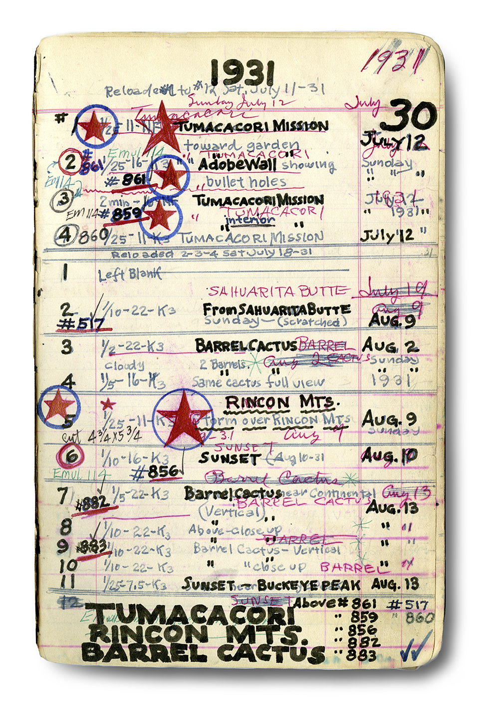 One of Wallace’s meticulous logbook pages details  his activities in the summer of 1931. | Arizona Historical Society