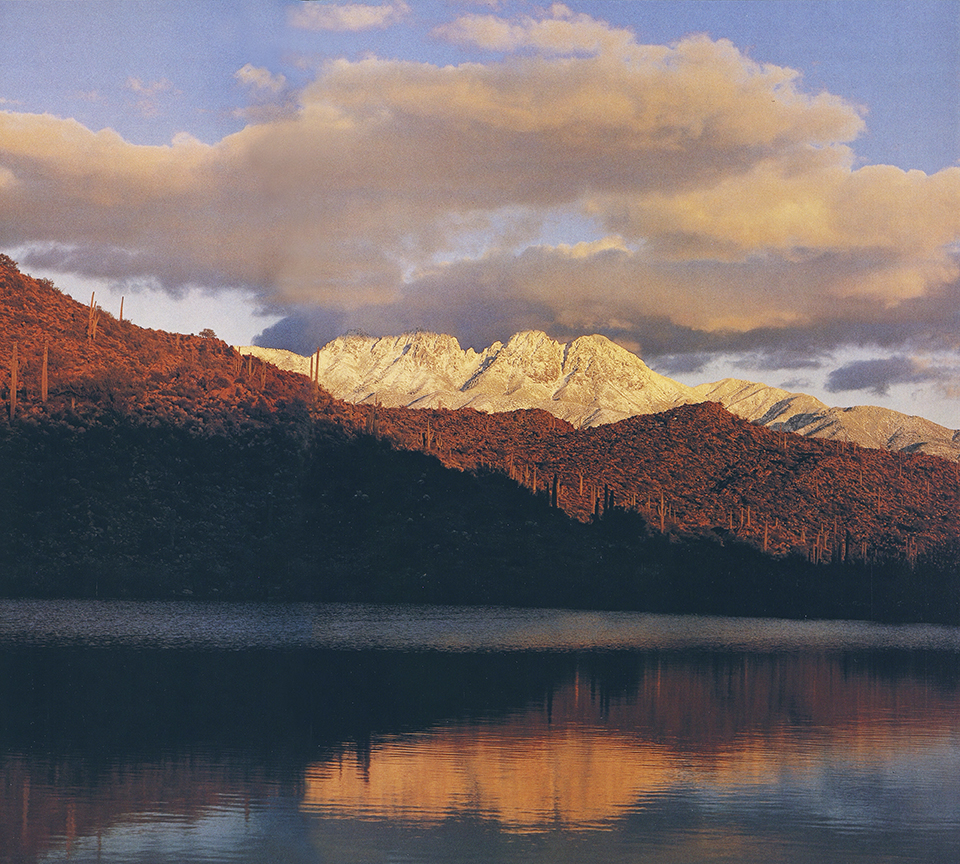 Jerry Jacka captured some lovely images, including this one of the Four Peaks with a rare coat of snow.