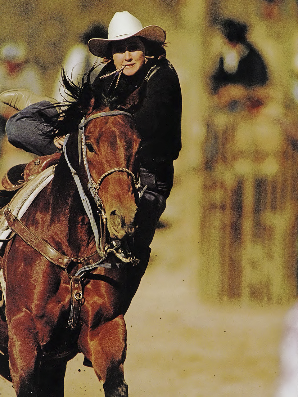 A cowgirl is half dismounted as the horse she's riding runs toward the camera. By Ken Akers