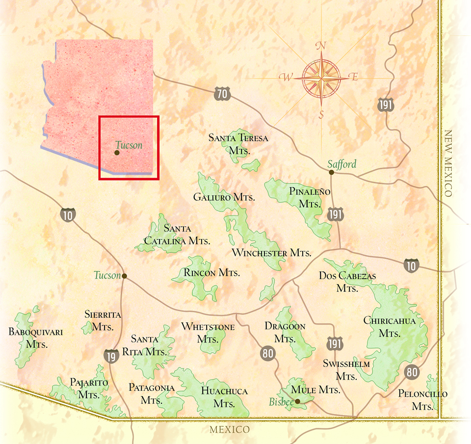 Map illustration of sky islands in southeastern Arizona by Karen Minot