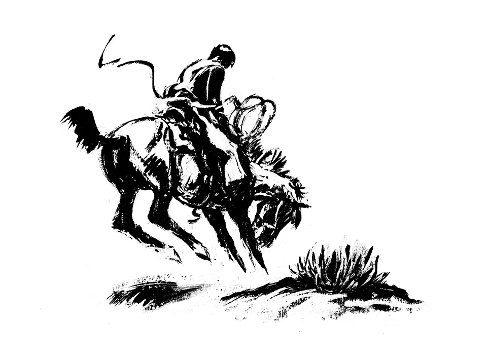 Black and white illustration by Ross Santee of a rider on a bucking horse.