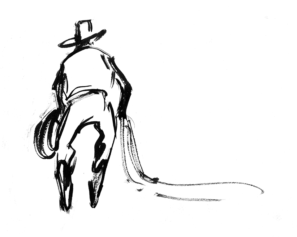 Black and white illustration by Ross Santee of a rear view cowboy with a rope.
