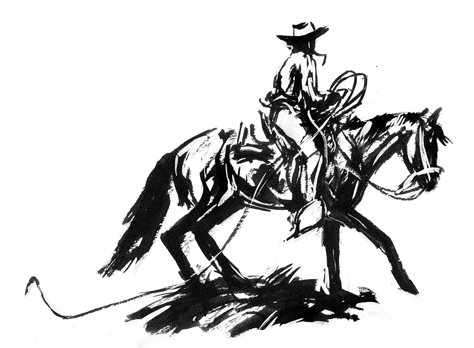 Black and white illustration by Ross Santee of a rider with a rope.