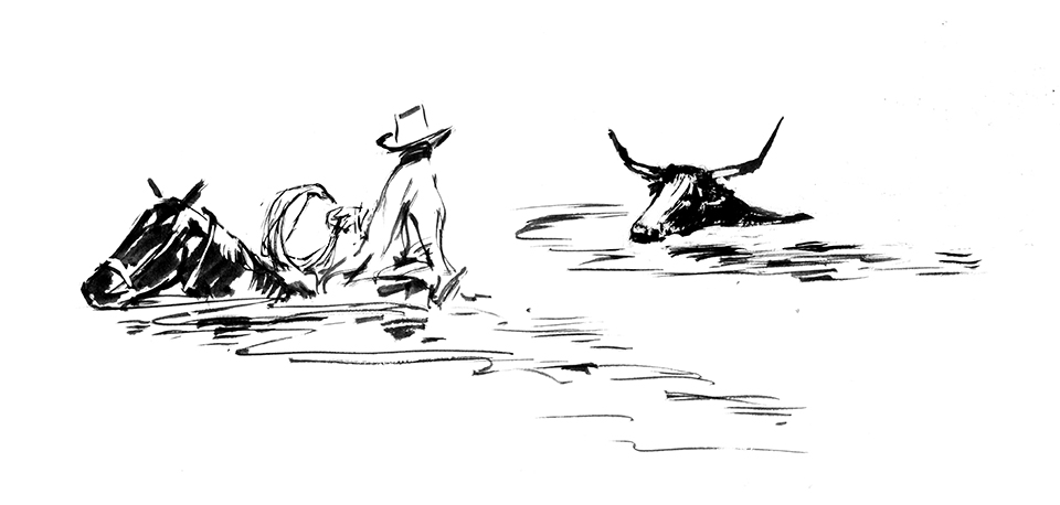 Black and white illustration by Ross Santee of a rider leading a steer through deep water..