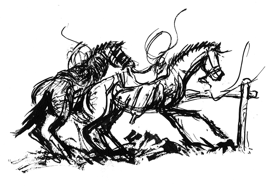 Black and white illustration by Ross Santee of two spirited horses tied to post.