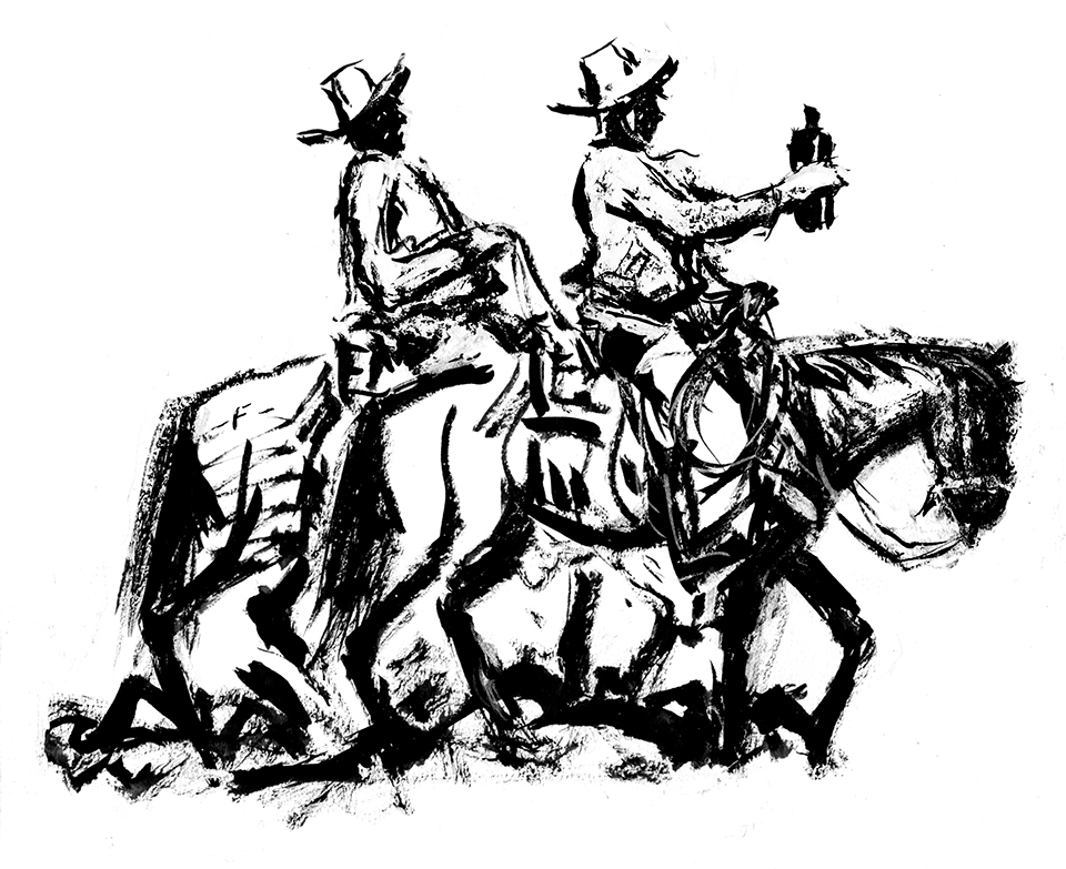 Black and white illustration by Ross Santee of two riders, one holding a bottle.
