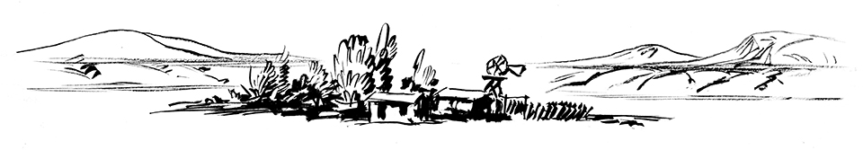 Black and white illustration by Ross Santee of a homestead with a windmill in a sparse landscape.