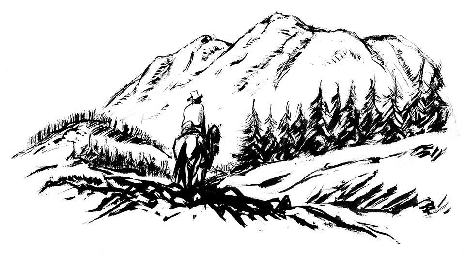 Black and white illustration by Ross Santee of a rider taking in a view of mountains and pine trees.
