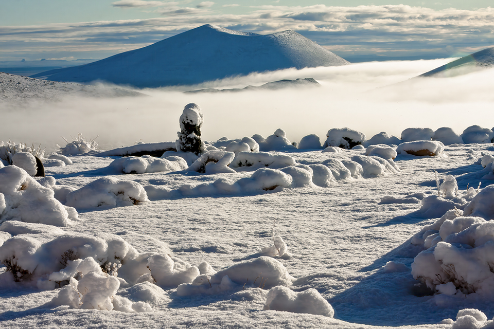 Merriam Crater, a dormant cinder cone volcano northeast of Flagstaff, emerges from a sea of fog and snow. This volcano last erupted some 20,000 years ago, according to the U.S. Geological Survey. | Bernhard Michaelis
