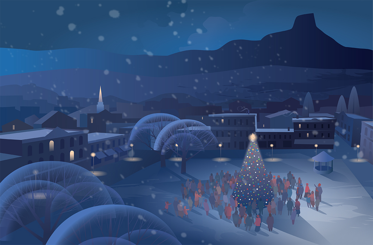 Illustration of small town setting at night with people gathered around a lit Christmas tree is by Kim Johnson.