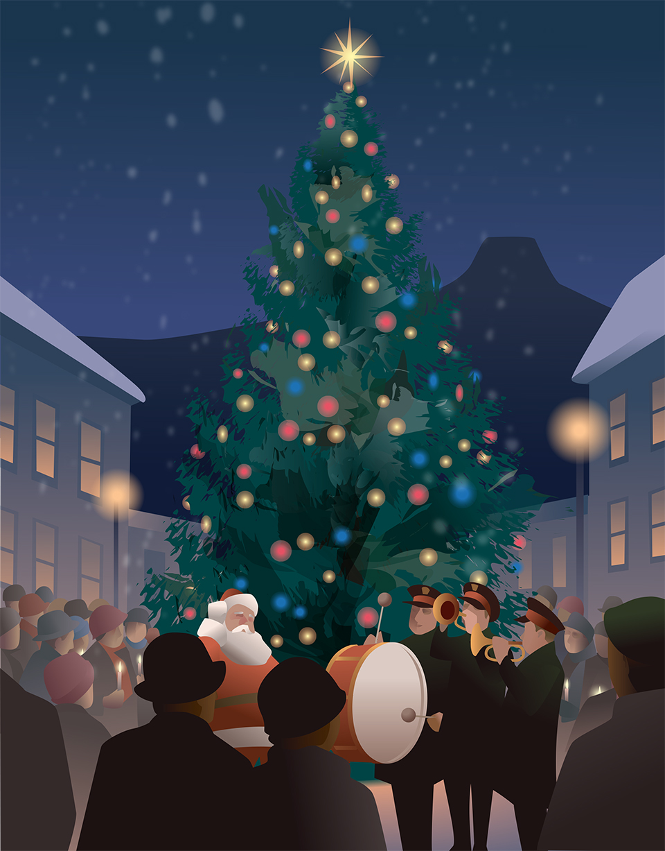 Illustration of small town setting at night with Salvation Army band gathered around a lit Christmas tree is by Kim Johnson.