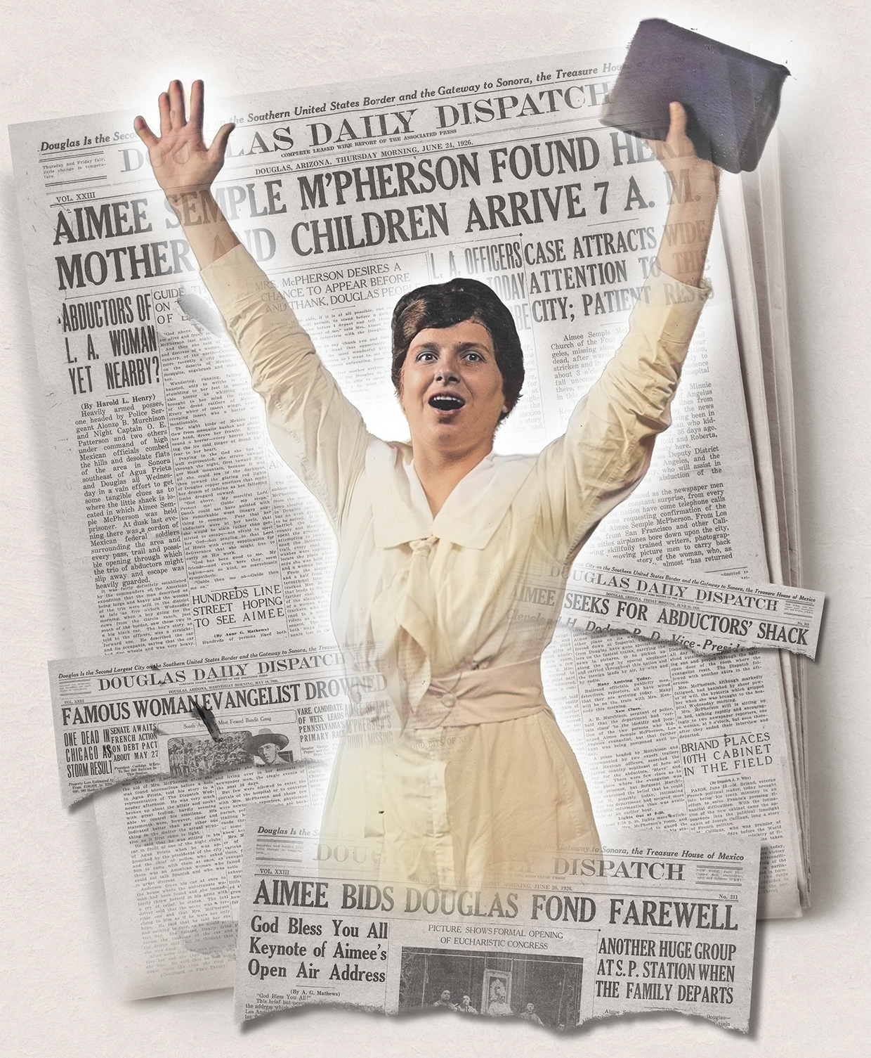 Evangelist Aimee Semple McPherson made news around the world when she reappeared after her purported 1926 kidnapping — but nowhere more so than in Douglas, where her re-emergence set off a media frenzy. | LIBRARY OF CONGRESS/PHOTO ILLUSTRATION BY KEITH WHITNEY