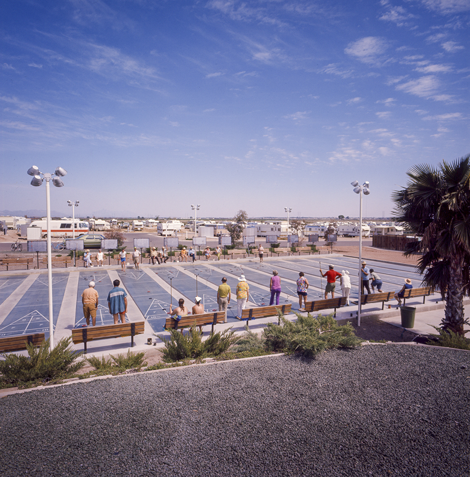 Residents of Road Runner Trailer Park, on Salt River Pima-Maricopa Indian Community land near Scottsdale, play shuffleboard on the park’s courts. Later known as Roadrunner Lake Resort, the senior community opened in 1969 and closed in 2019. By Herb and Dorothy McLaughlin