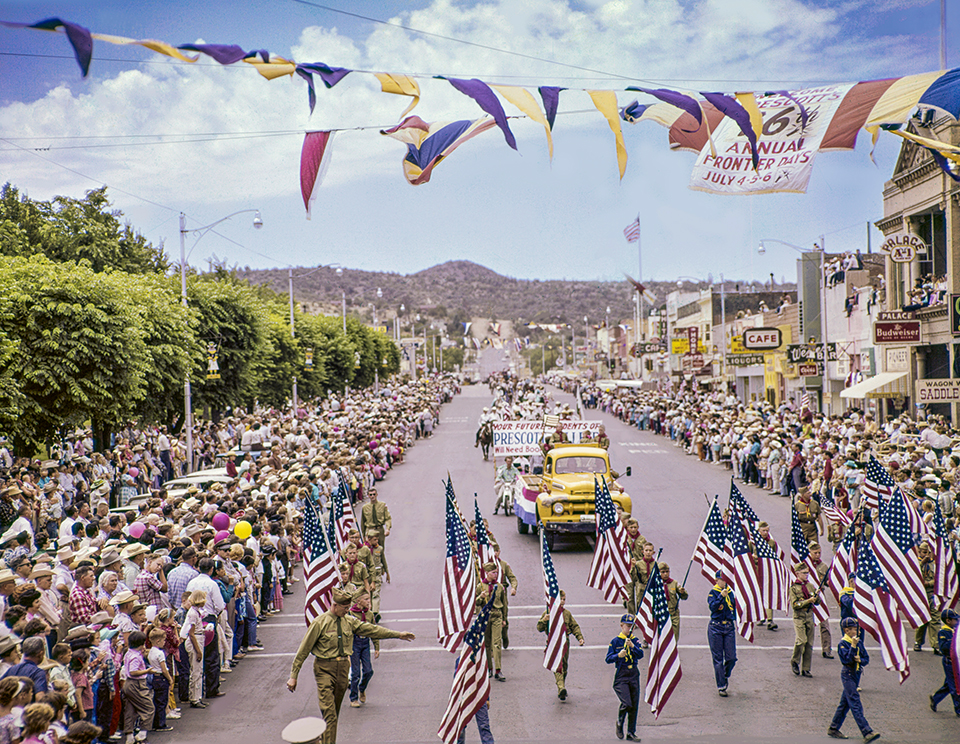 Prescott’s Fourth of July celebrations have always been among the state’s most vibrant, and the 1963 edition was no exception. Here, residents watch the Frontier Days rodeo parade down Montezuma Street; Whiskey Row, including the historic Palace Restaurant and Saloon, is on the right. By Herb and Dorothy McLaughlin