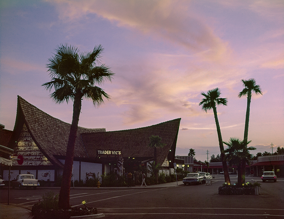 Palm trees mark a sunset view of Trader Vic’s, a Polynesian-themed restaurant on Fifth Avenue in Old Town Scottsdale. The restaurant opened in 1962 and closed in 1990; Citizen Public House now occupies this location. By Herb and Dorothy McLaughlin